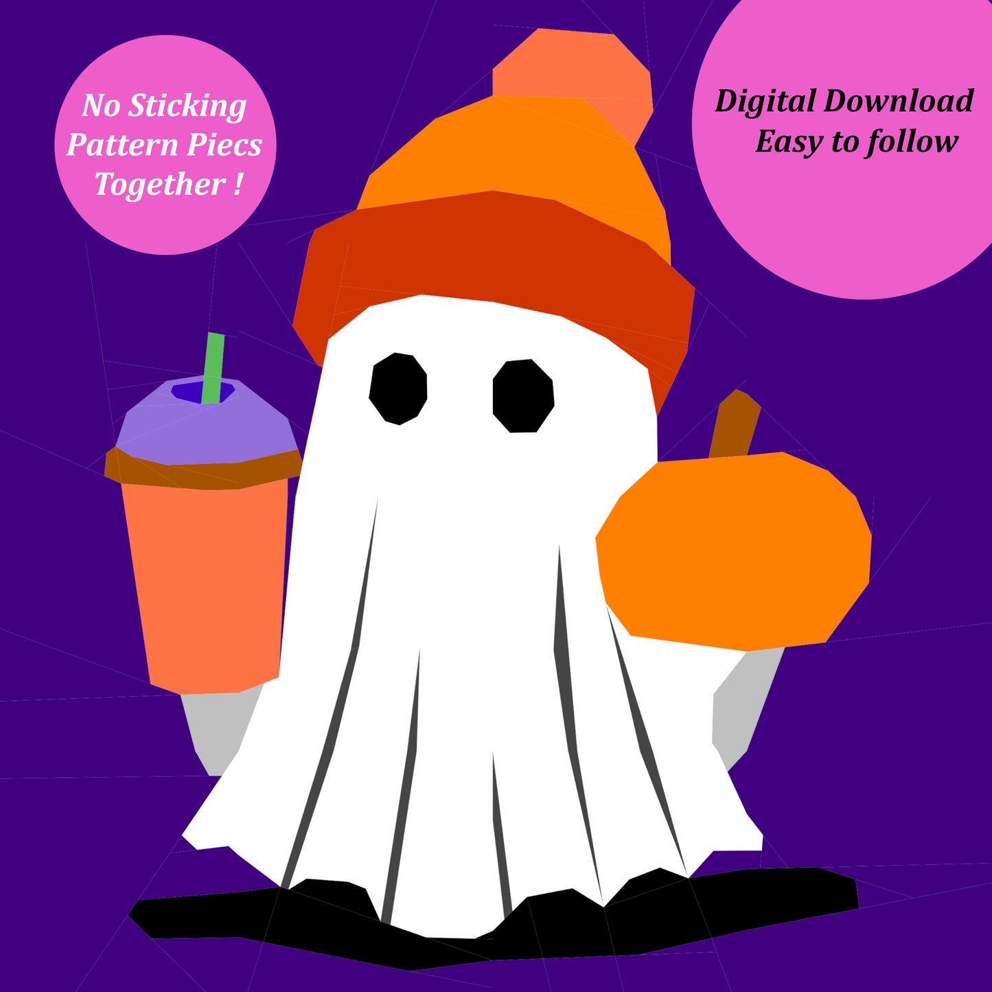 Pumpkin Ghost Halloween Quilt Block Pattern: 20 & 24 Inch FPP (Digital Download)