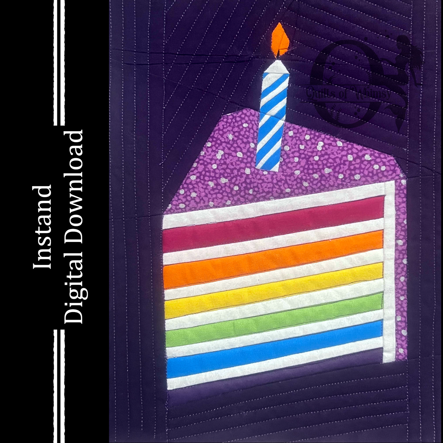 Colorful birthday cake with a candle on a purple background, suitable for digital download.