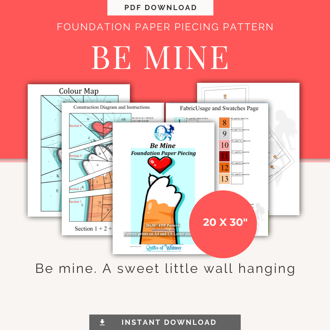 Be Mine 20x30" quilt block featuring a heart and cats paw foundation paper piecing pattern