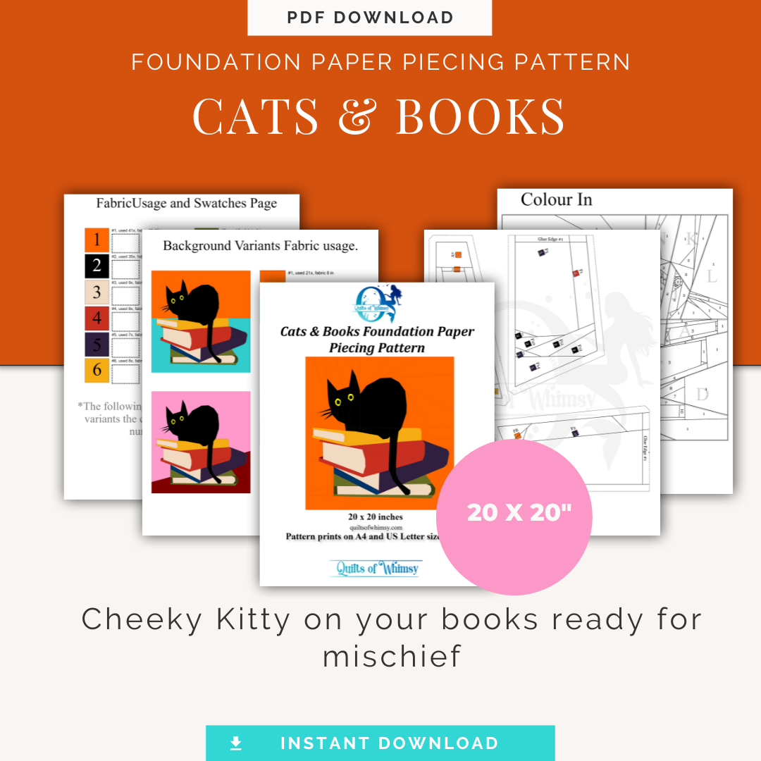 Cats and Books Quilt Block: 20" FPP Pattern (PDF)