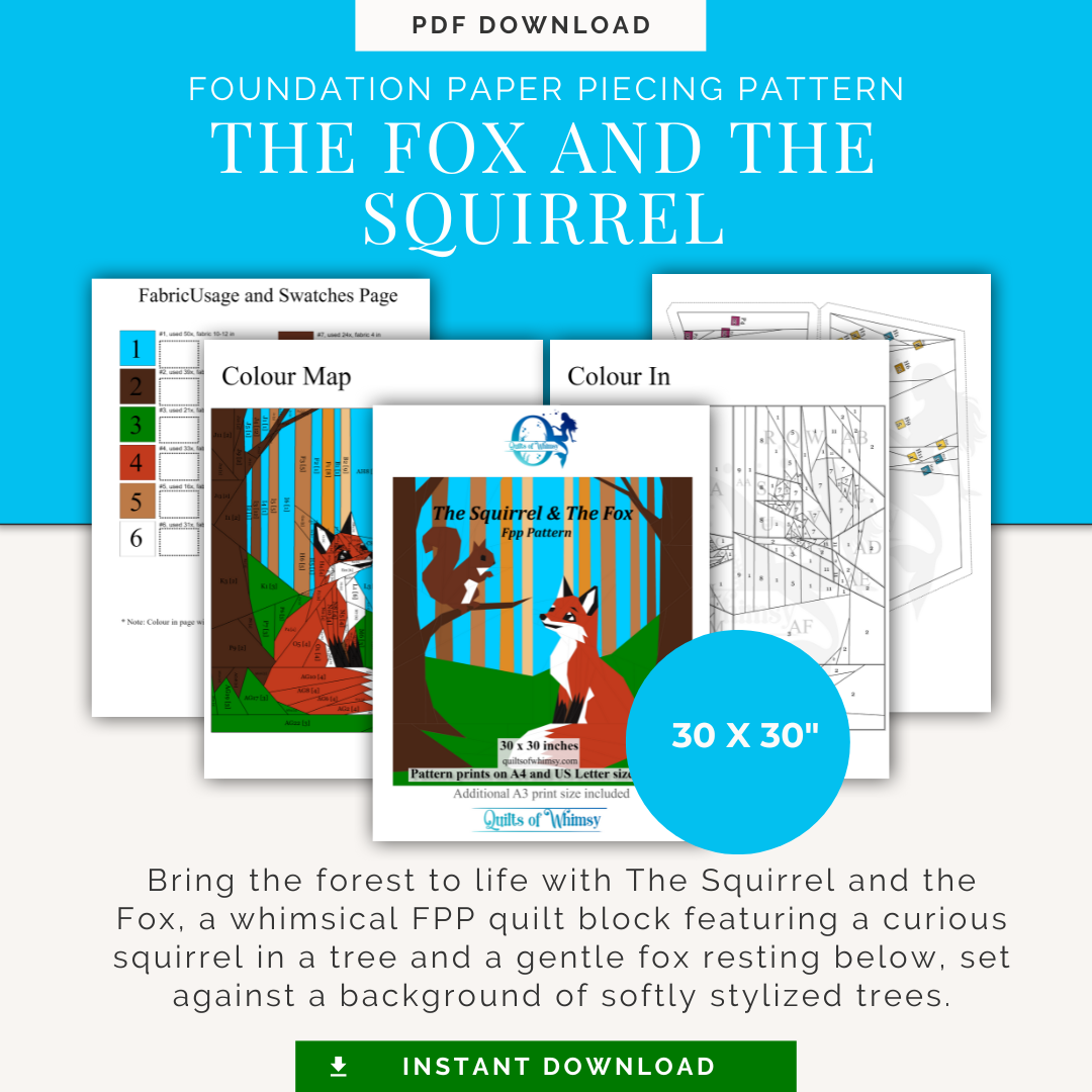 Foundation paper piecing pattern for 'The Fox and the Squirrel' quilt block with color map and fabric usage page.