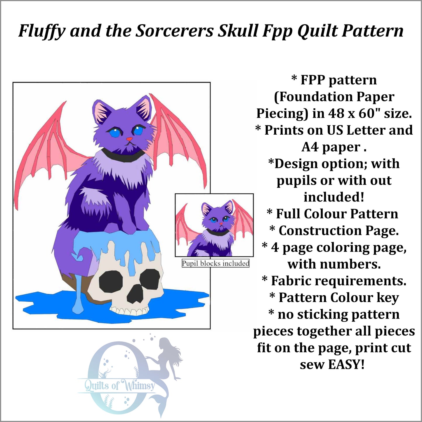 Fluffy and The Sorcerers Skull Foundation paper piecing pattern quilt pattern 48 x 60 inch Halloween Spooky Cat quilt pattern skull pattern