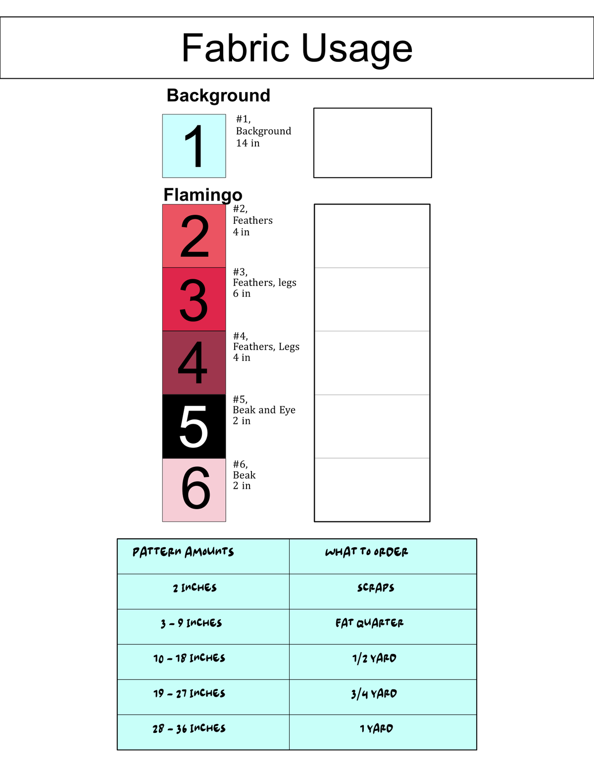 Fabric usage and six-colour planner for the Flamingo 15 by 20 inch foundation paper piecing pattern