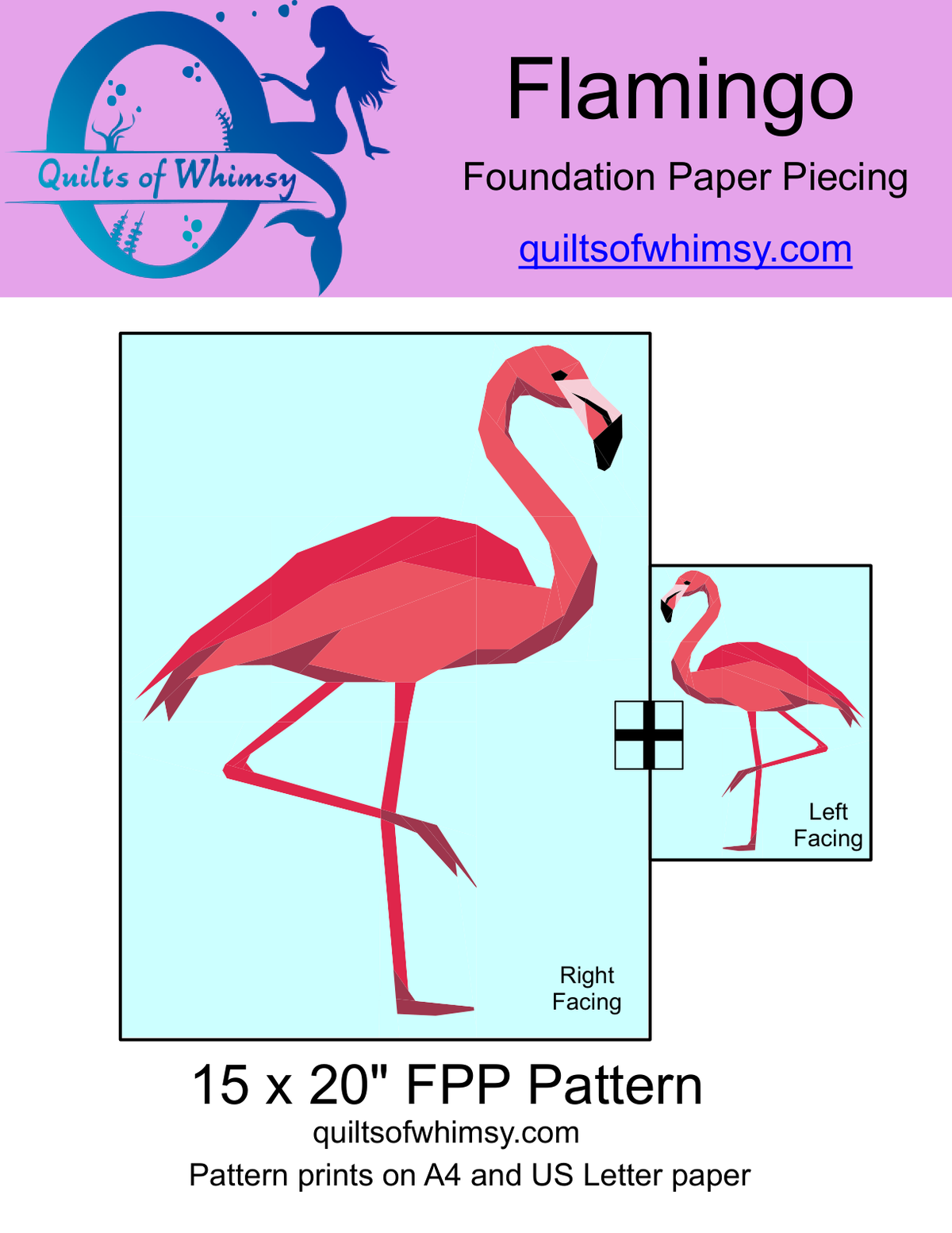 Flamingo FPP quilt pattern, 15 by 20 inches, with both facing directions included