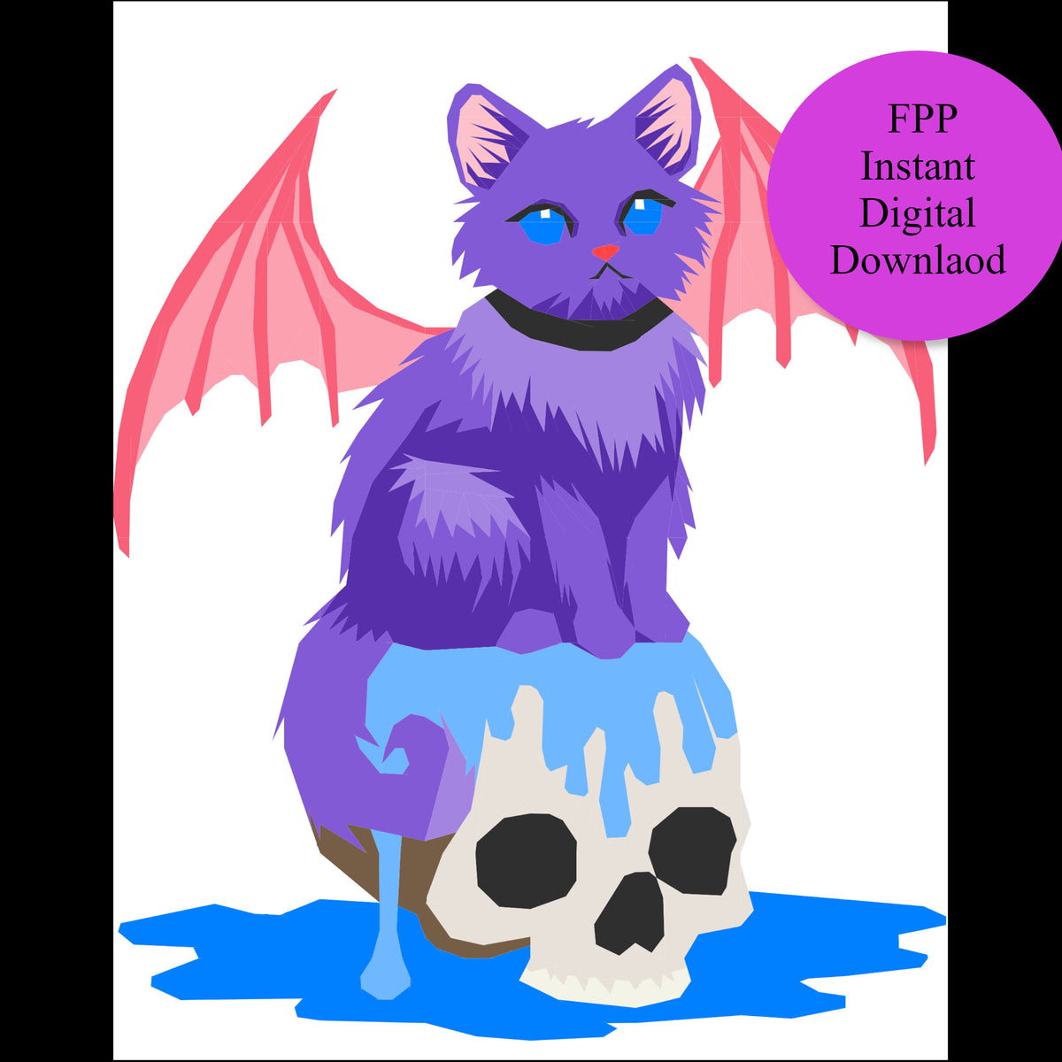 Fluffy and the Sorcerer's Skull FPP design showing a purple cat with pink wings perched on a skull