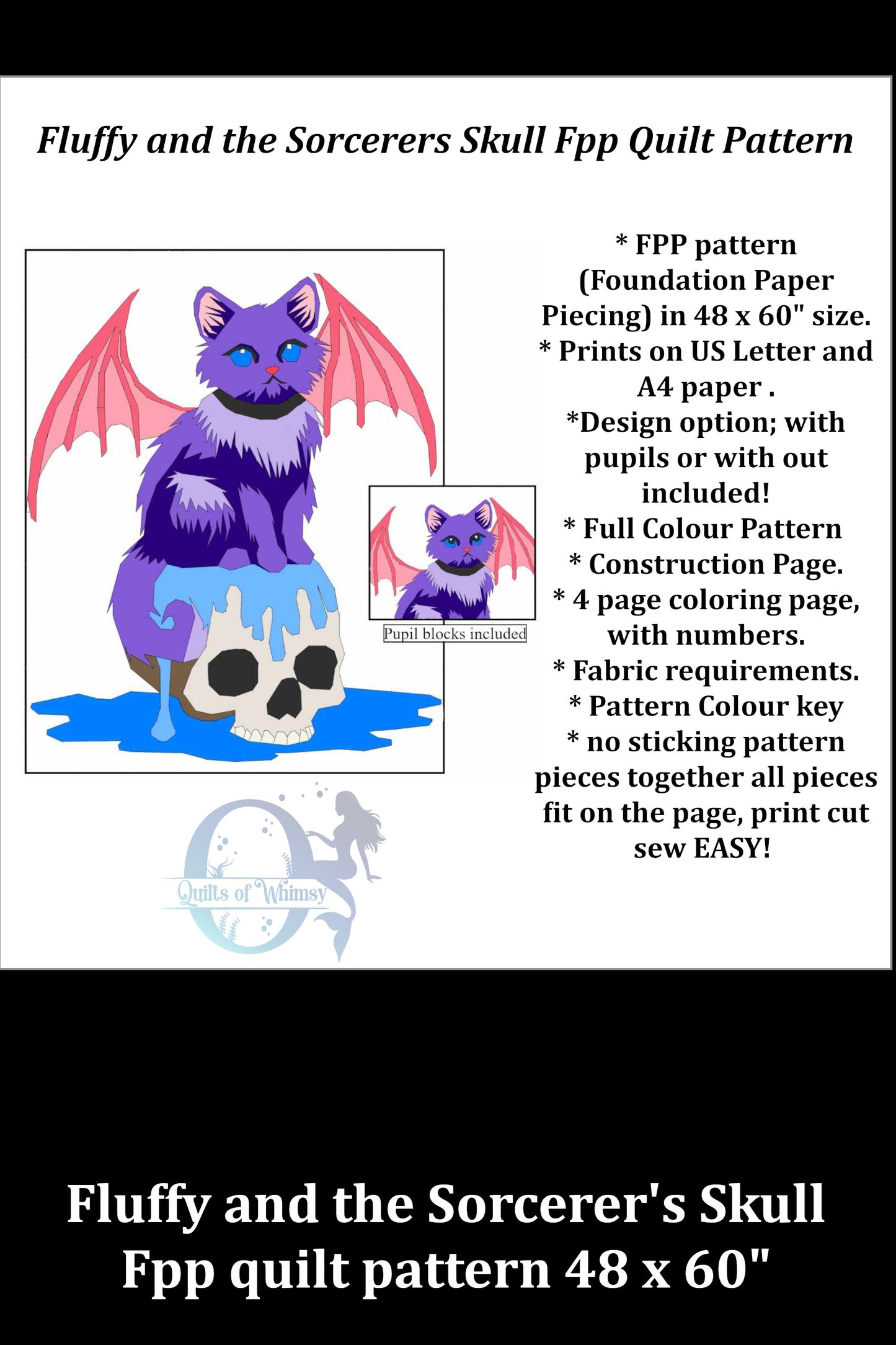 fluffy anf the sorcerers skull fpp quilt pattern purple cat with blue eyes sitting on a gooey skull