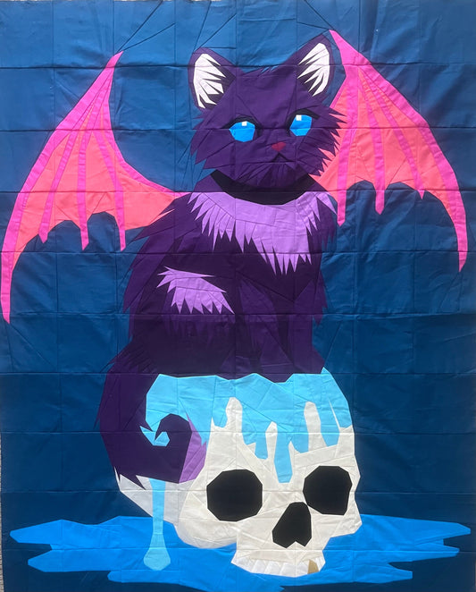 Fluffy and The Sorcerers Skull Foundation paper piecing pattern quilt pattern 48 x 60 inch Halloween Spooky Cat quilt pattern skull pattern