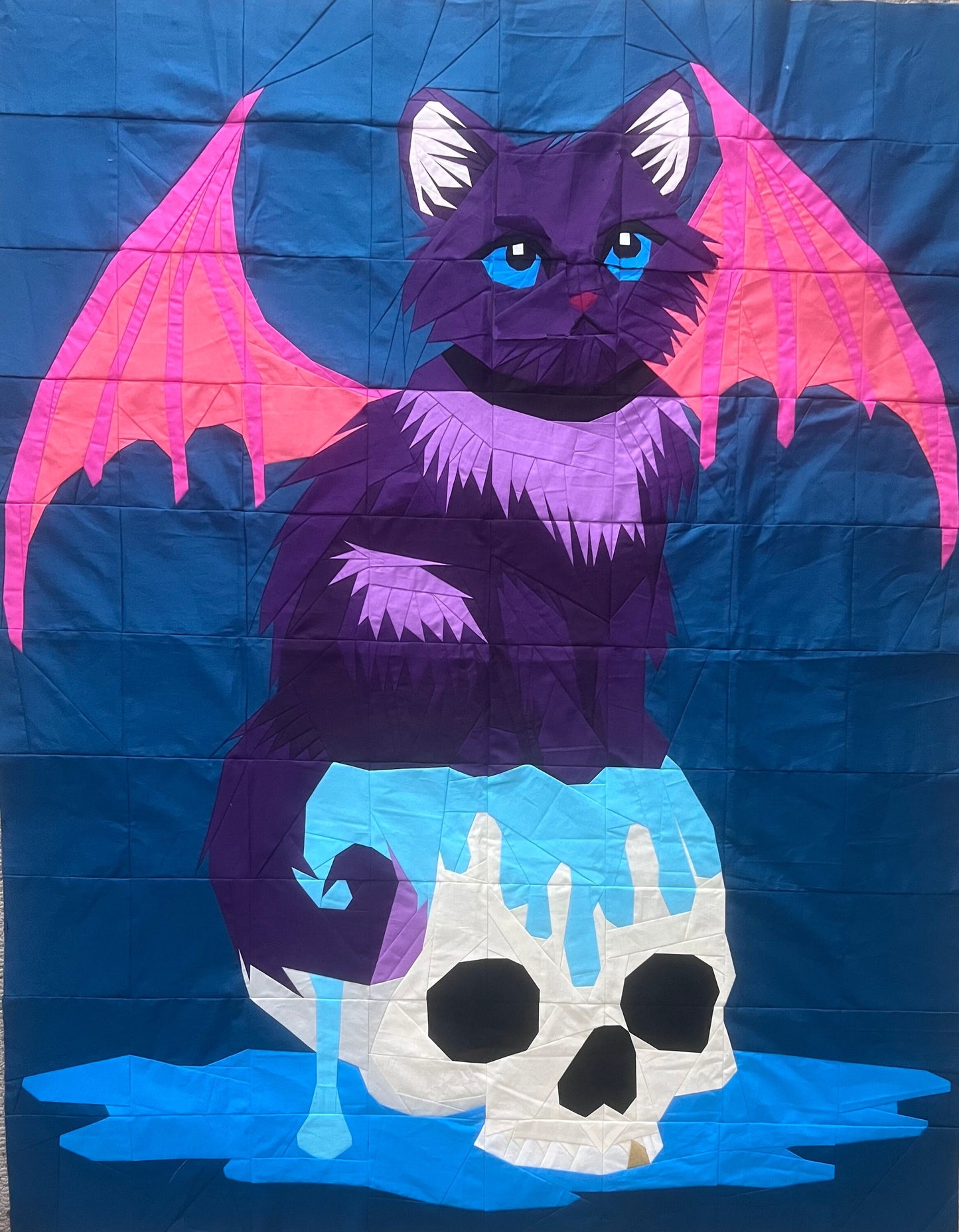 Fluffy and The Sorcerers Skull Foundation paper piecing pattern quilt pattern 48 x 60 inch Halloween Spooky Cat quilt pattern skull pattern