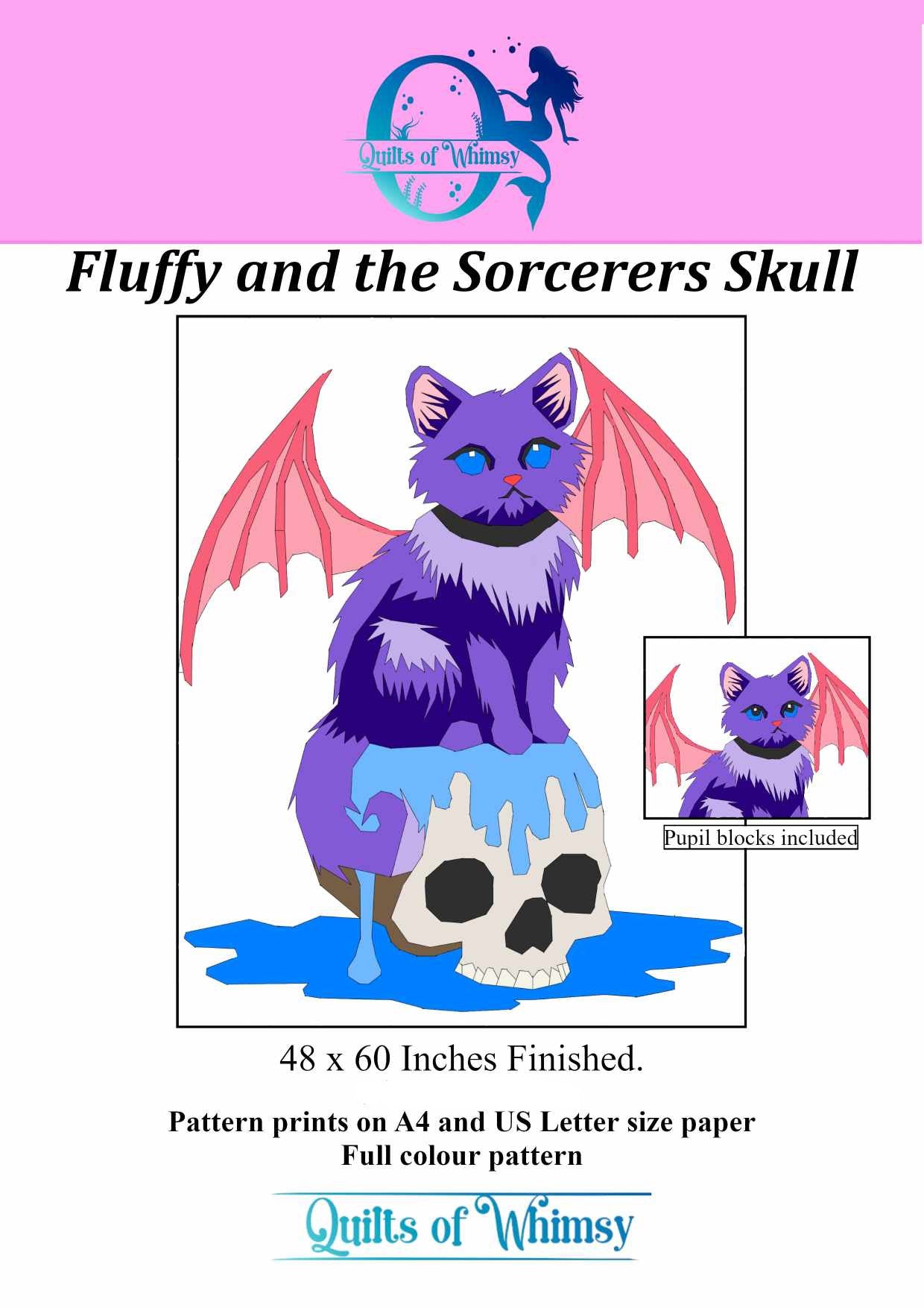 Fluffy and The Sorcerers Skull Foundation paper piecing pattern quilt pattern 48 x 60 inch Halloween Spooky Cat quilt pattern skull pattern