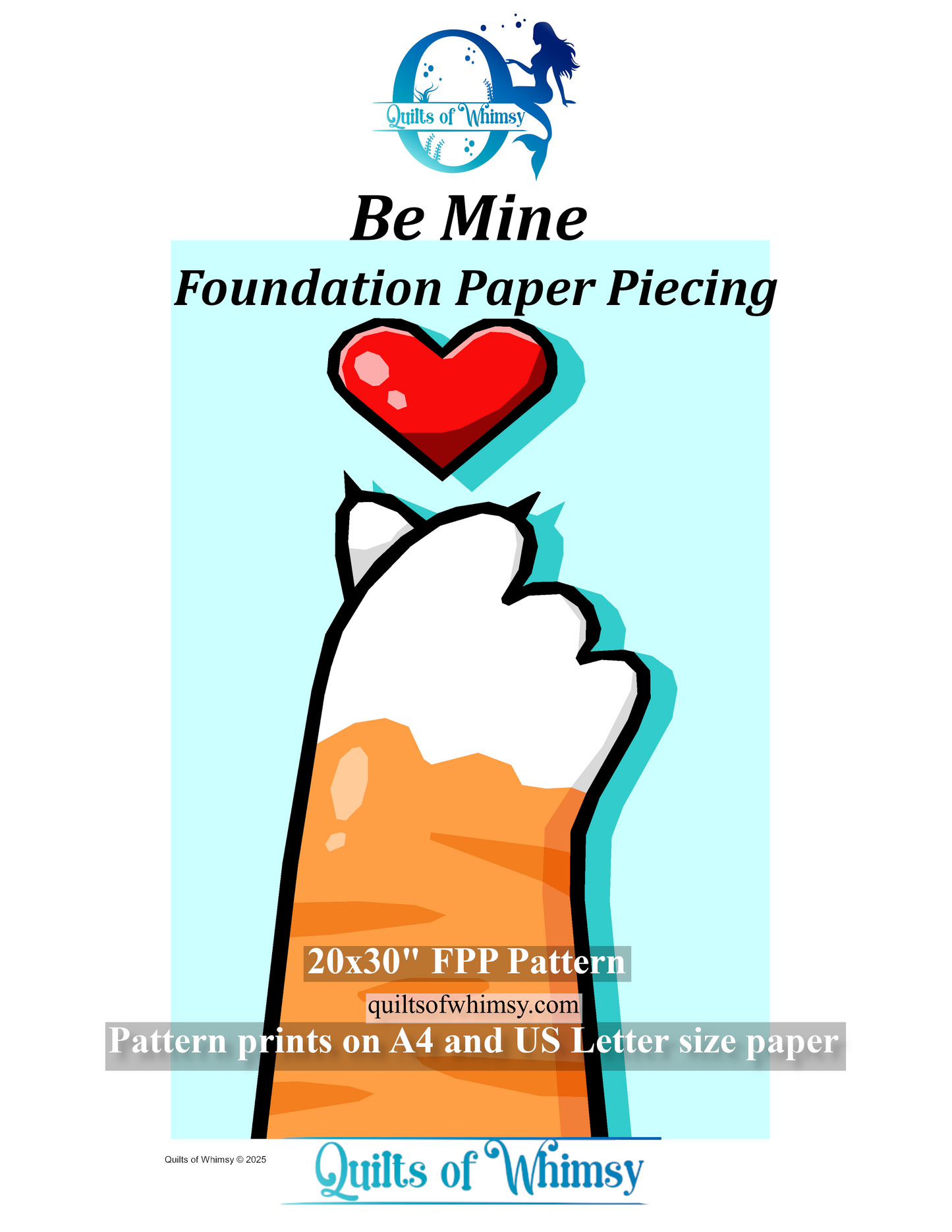 Be Mine 20x30" quilt block featuring a heart and cats paw foundation paper piecing pattern