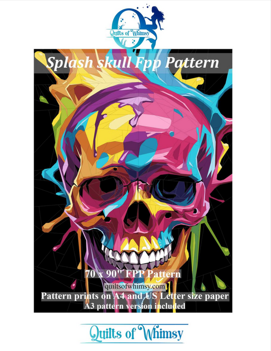 Splash Skull 70x90 inch full foundation paper piecing quilt pattern fpp skull pattern with quilt along