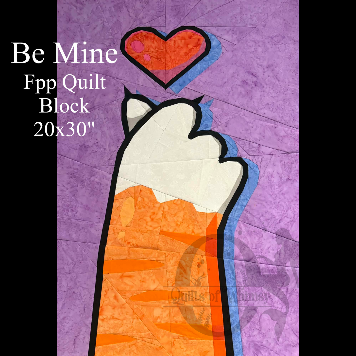 Be Mine 20x30" quilt block featuring a heart and cats paw foundation paper piecing pattern