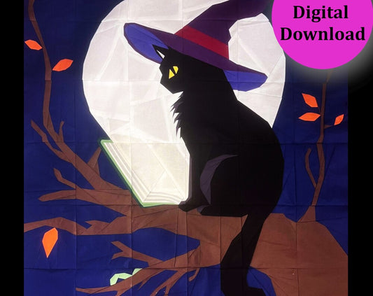 Mystic Whiskers Halloween FPP quilt design with a black cat in a witch hat, a full moon and orange leaves