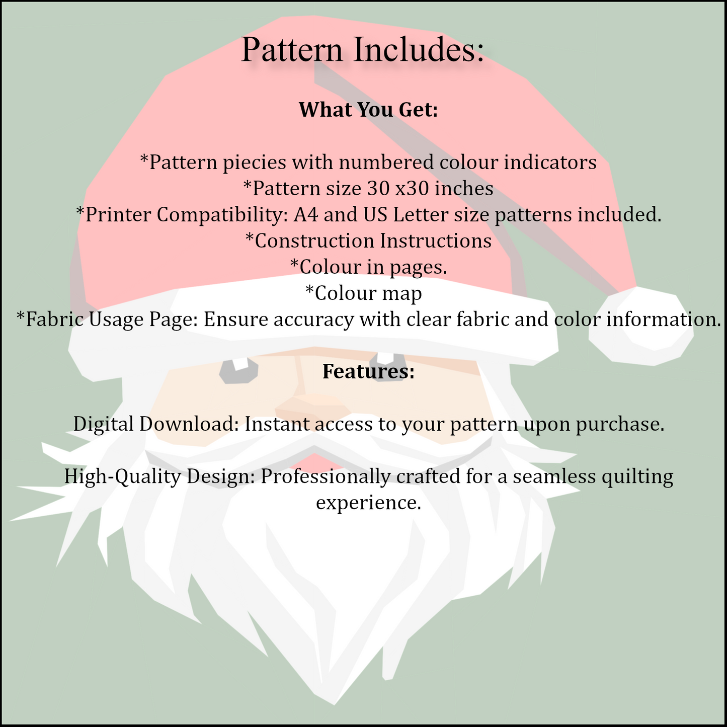 Vintage Santa FPP Quilt Block Pattern: 30x30 Inch (Digital Download)