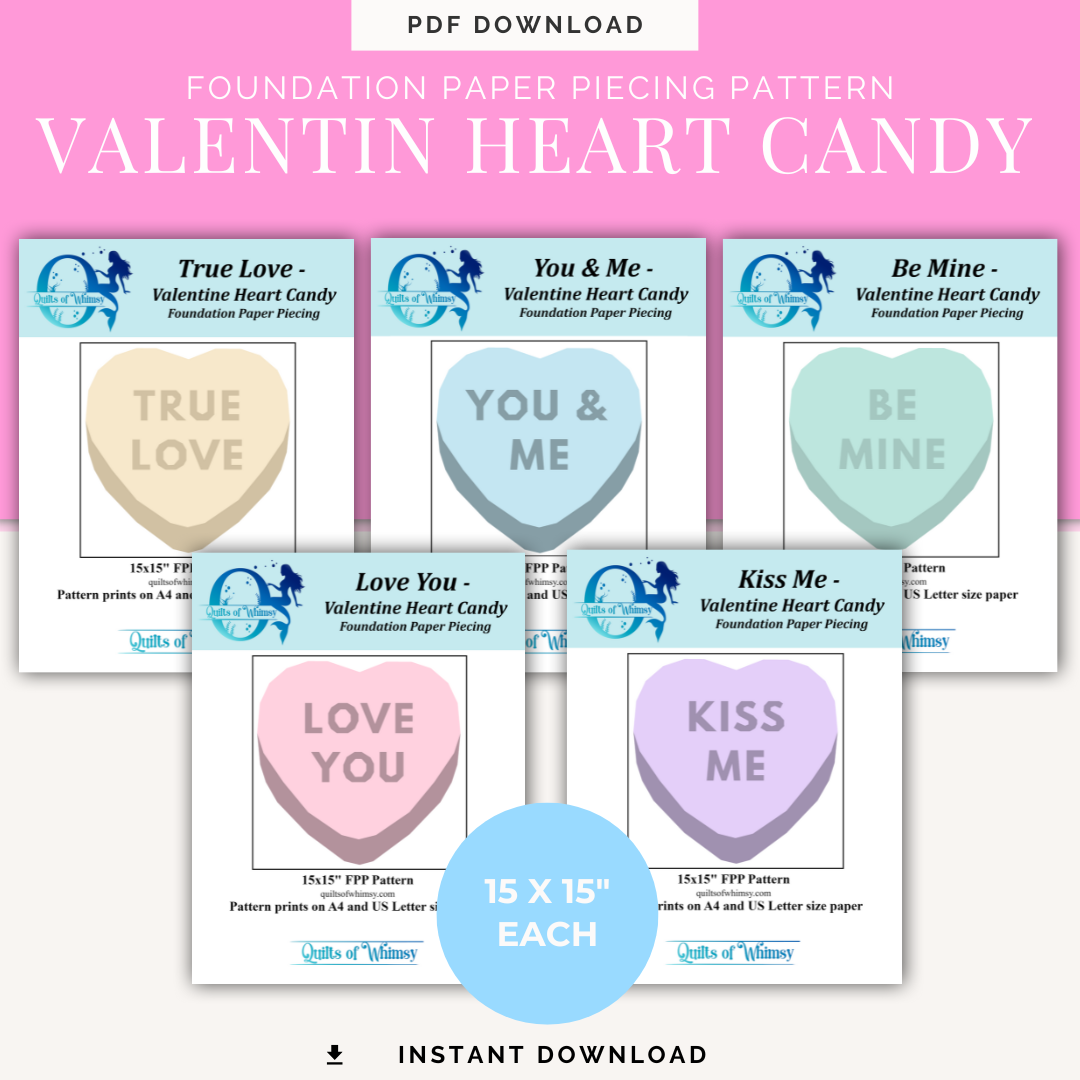 Valentine Heart Candy Quilt Pattern Bundle | Foundation Paper Piecing (FPP) 5 Modern Candy Heart Blocks 15x15 Inch PDF